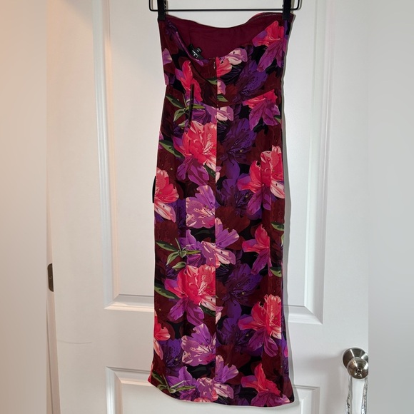 Lulus Burgundy Multi Floral Strapless Tulip Midi Dress - Picture 14 of 16